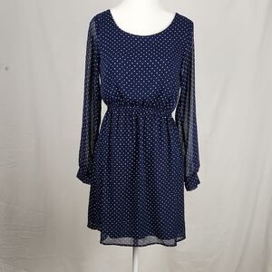 Everly Blue Polka Dot Long Sleeve Dress Knee Length